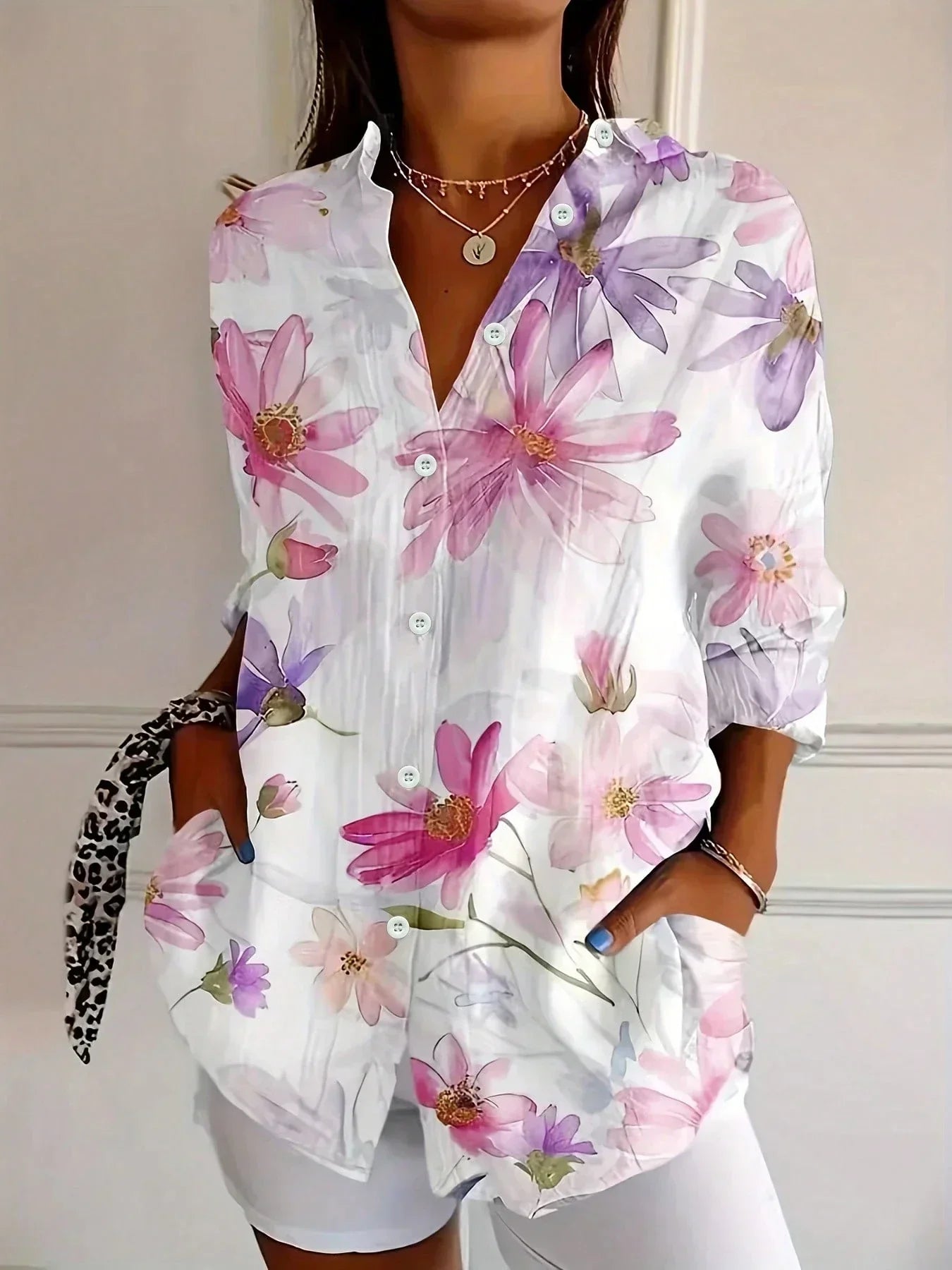Women's abstract print button-front blouse