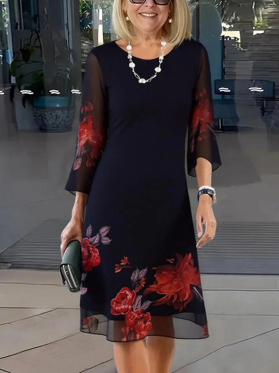 Women's floral print bell-sleeve cocktail dress