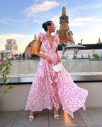 Women's floral ruffle-shoulder maxi wedding guest dress