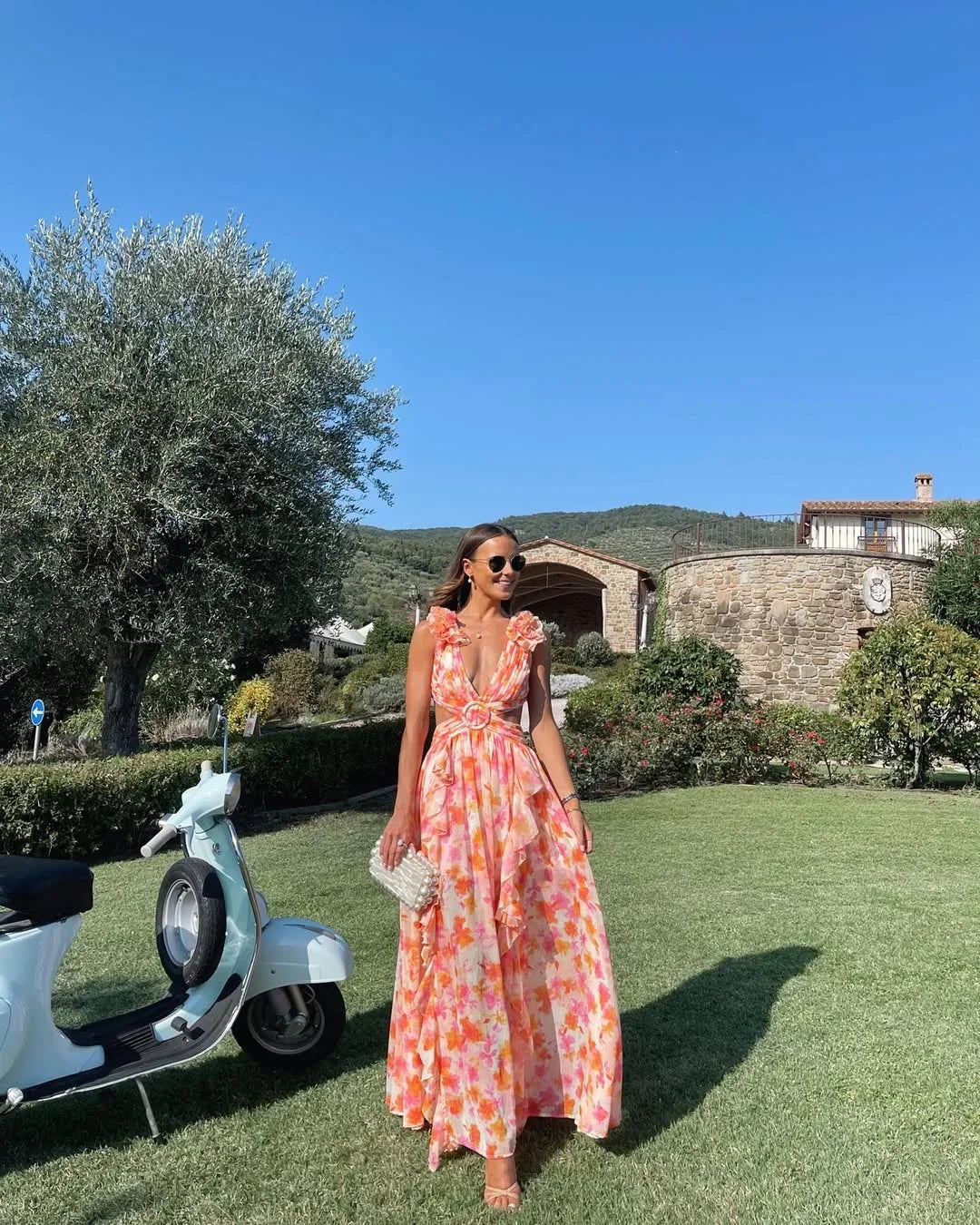 Women's floral ruffle-shoulder maxi wedding guest dress