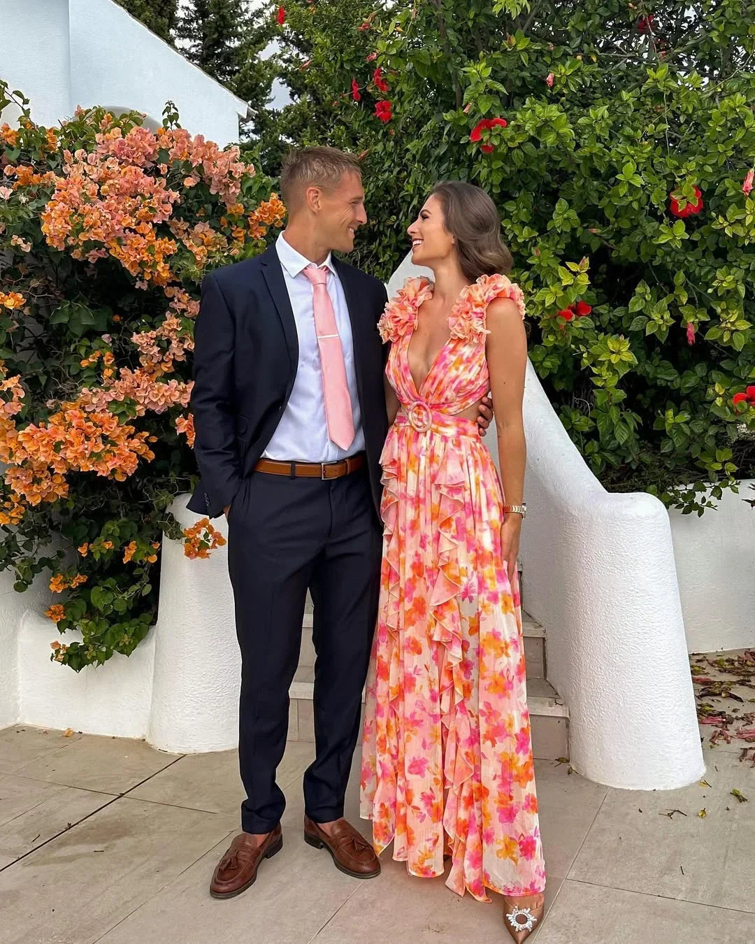 Women's floral ruffle-shoulder maxi wedding guest dress
