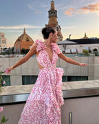 Women's floral ruffle-shoulder maxi wedding guest dress