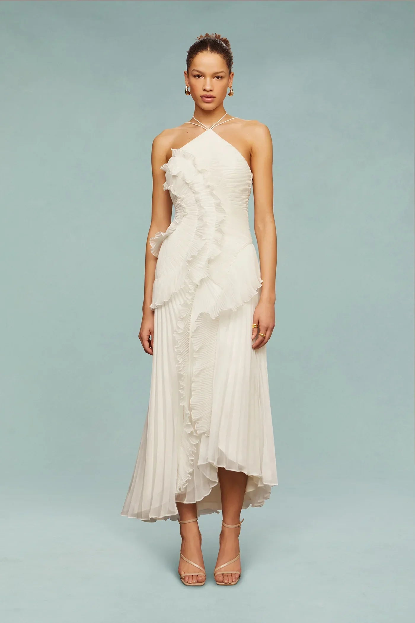 Women's halter neck ruffle maxi wedding guest dress