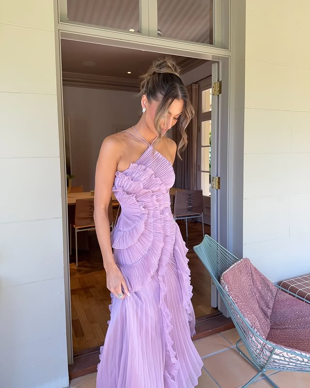 Women's halter neck ruffle maxi wedding guest dress