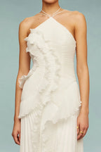 Women's halter neck ruffle maxi wedding guest dress