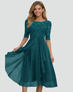 Women's lace bodice midi wedding guest dress