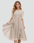 Women's lace bodice midi wedding guest dress