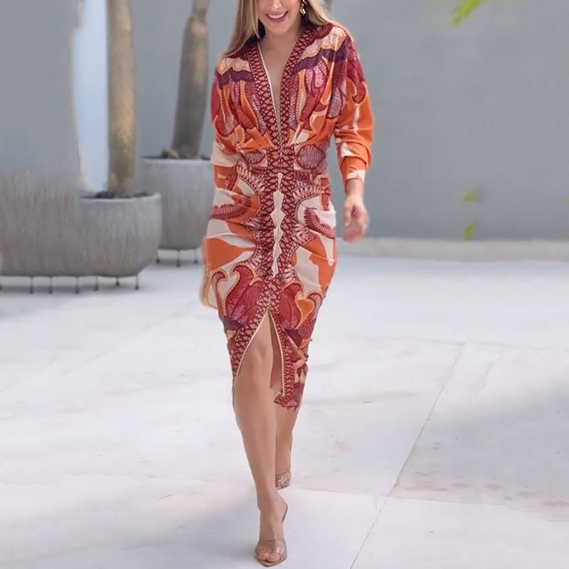 Women's long sleeve v-neck midi cocktail dress