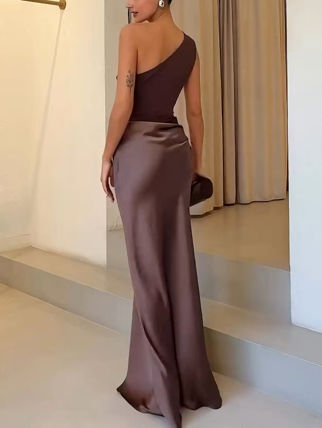 Women's one-shoulder maxi wedding guest dress