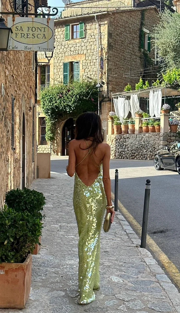 Women's open-back sequin maxi evening dress