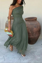 Women's pleated one-shoulder maxi cocktail dress