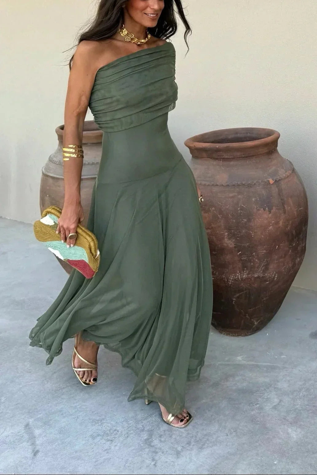 Women's pleated one-shoulder maxi cocktail dress