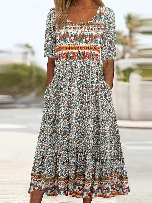 Women's short sleeve boho print midi dress