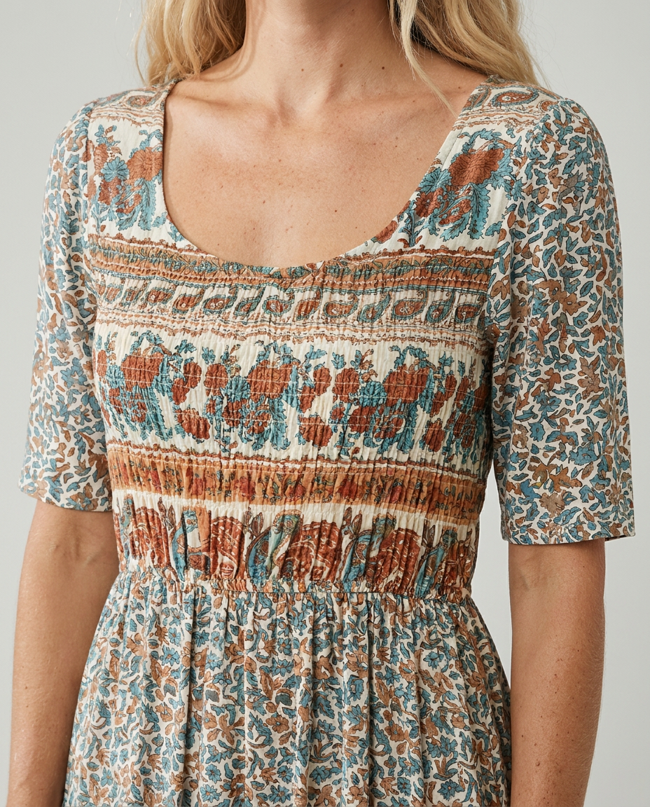 Women's short sleeve boho print midi dress