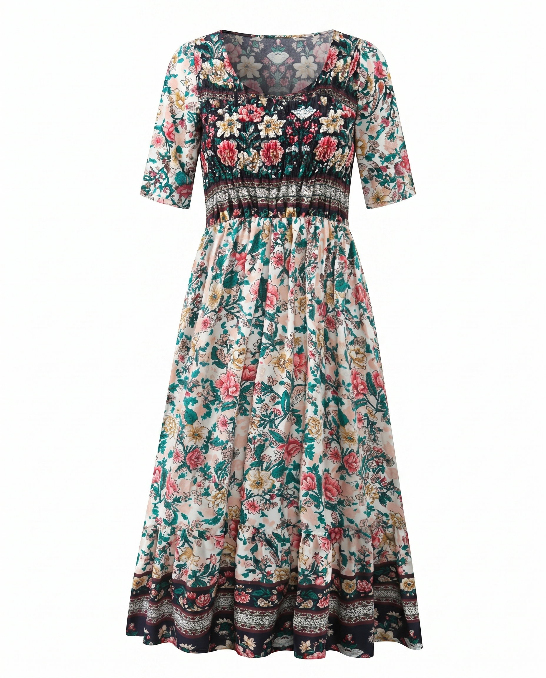 Women's short sleeve boho print midi dress