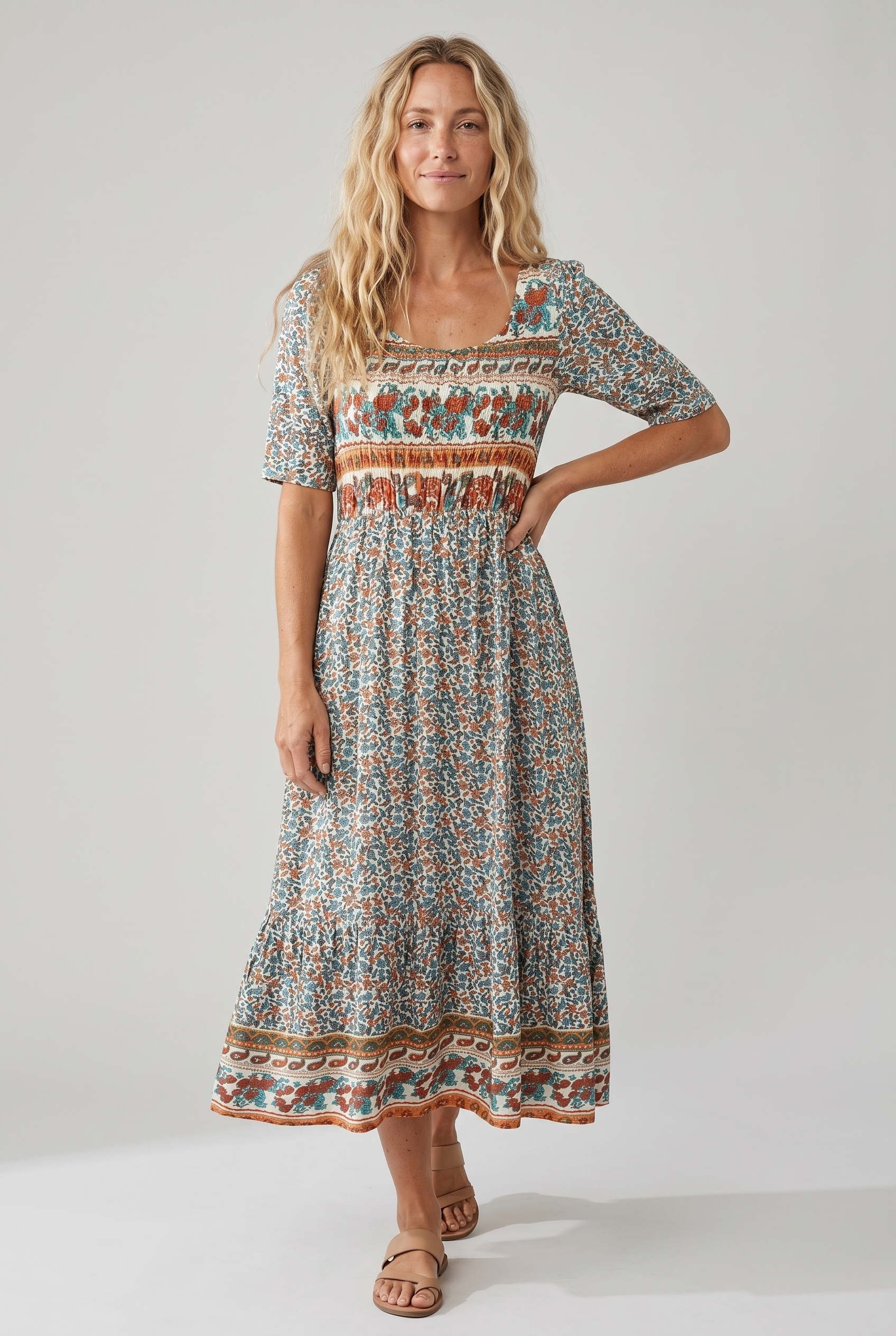Women's short sleeve boho print midi dress