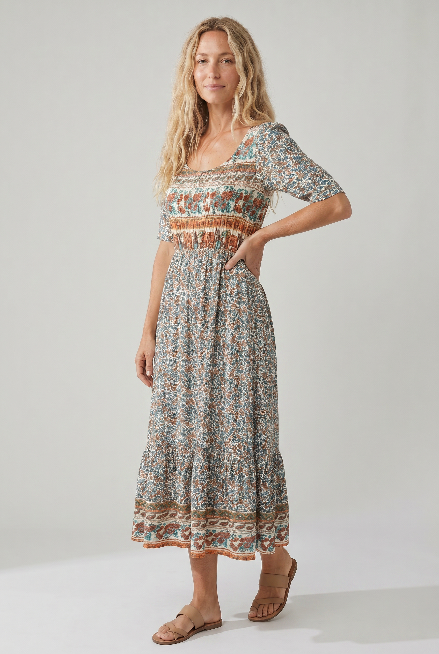Women's short sleeve boho print midi dress