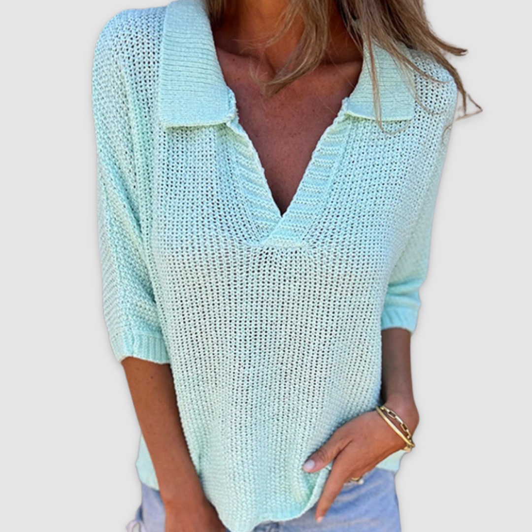 Women's v-neck collared open-knit top