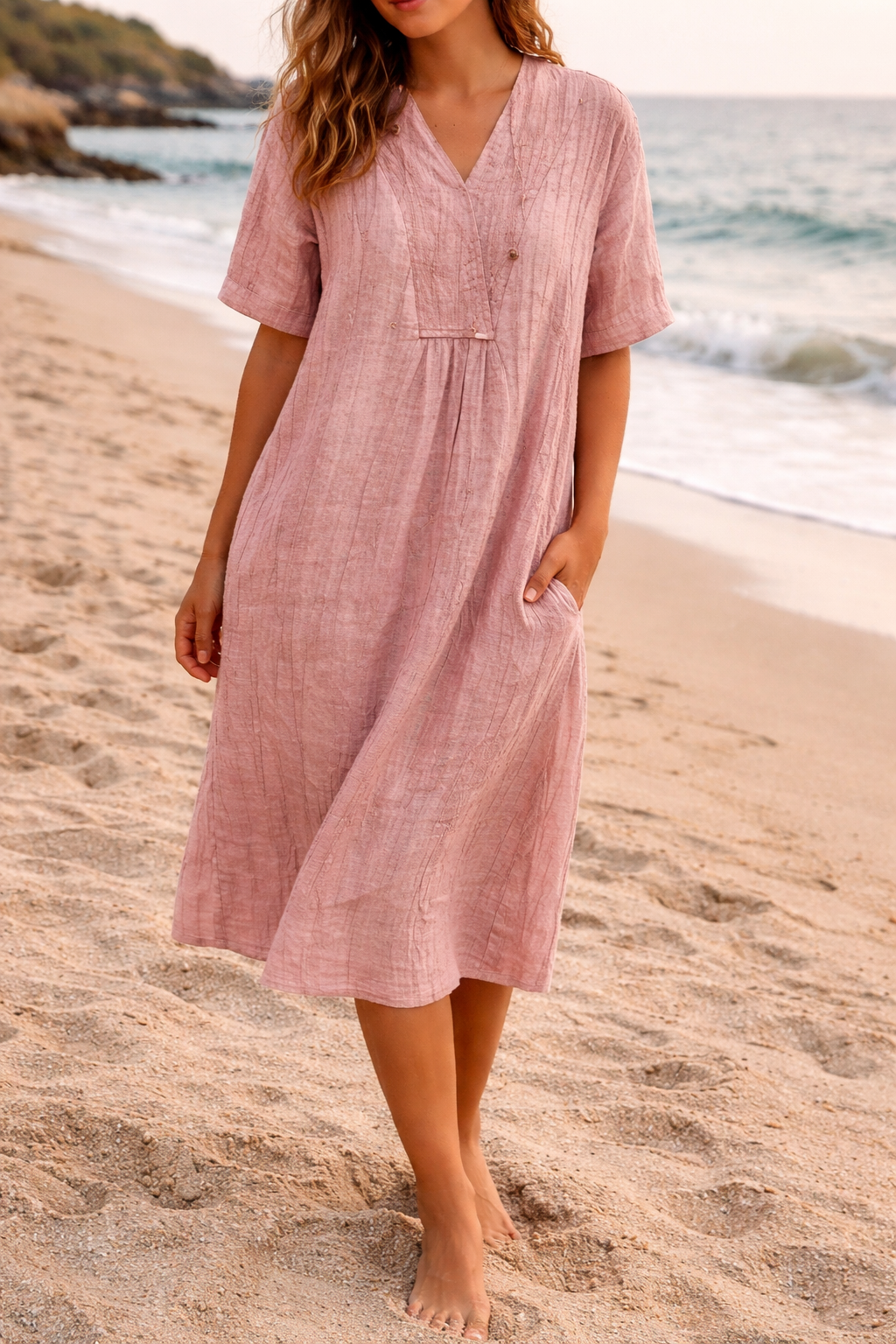 Women's v-neck short sleeve vacation midi dress