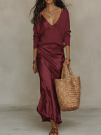 Women's v-neck slip maxi dress and sweater set