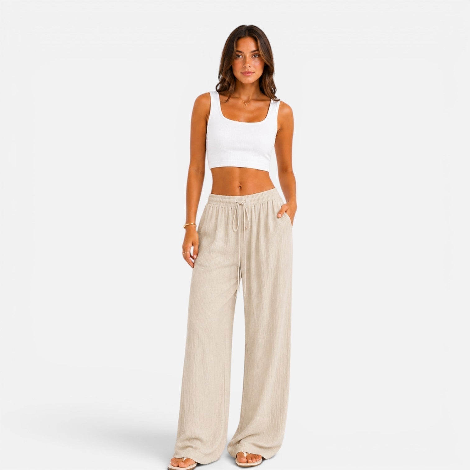 Women's wide-leg drawstring summer trousers