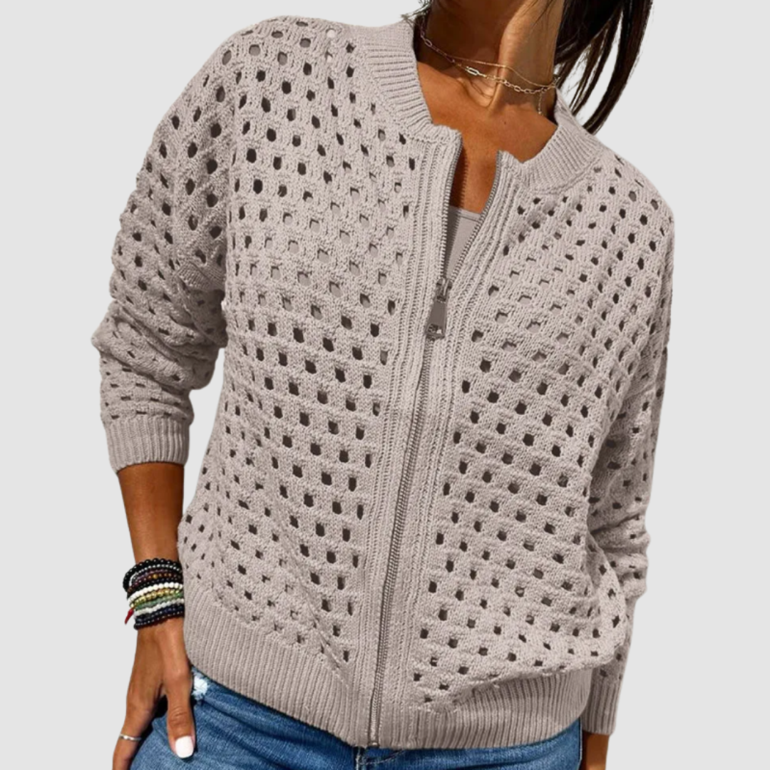 Women's zip-front open-knit cardigan